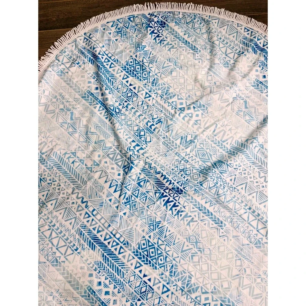 DSW Round Beach Towel Blue Geometric Mandala Fringe 60